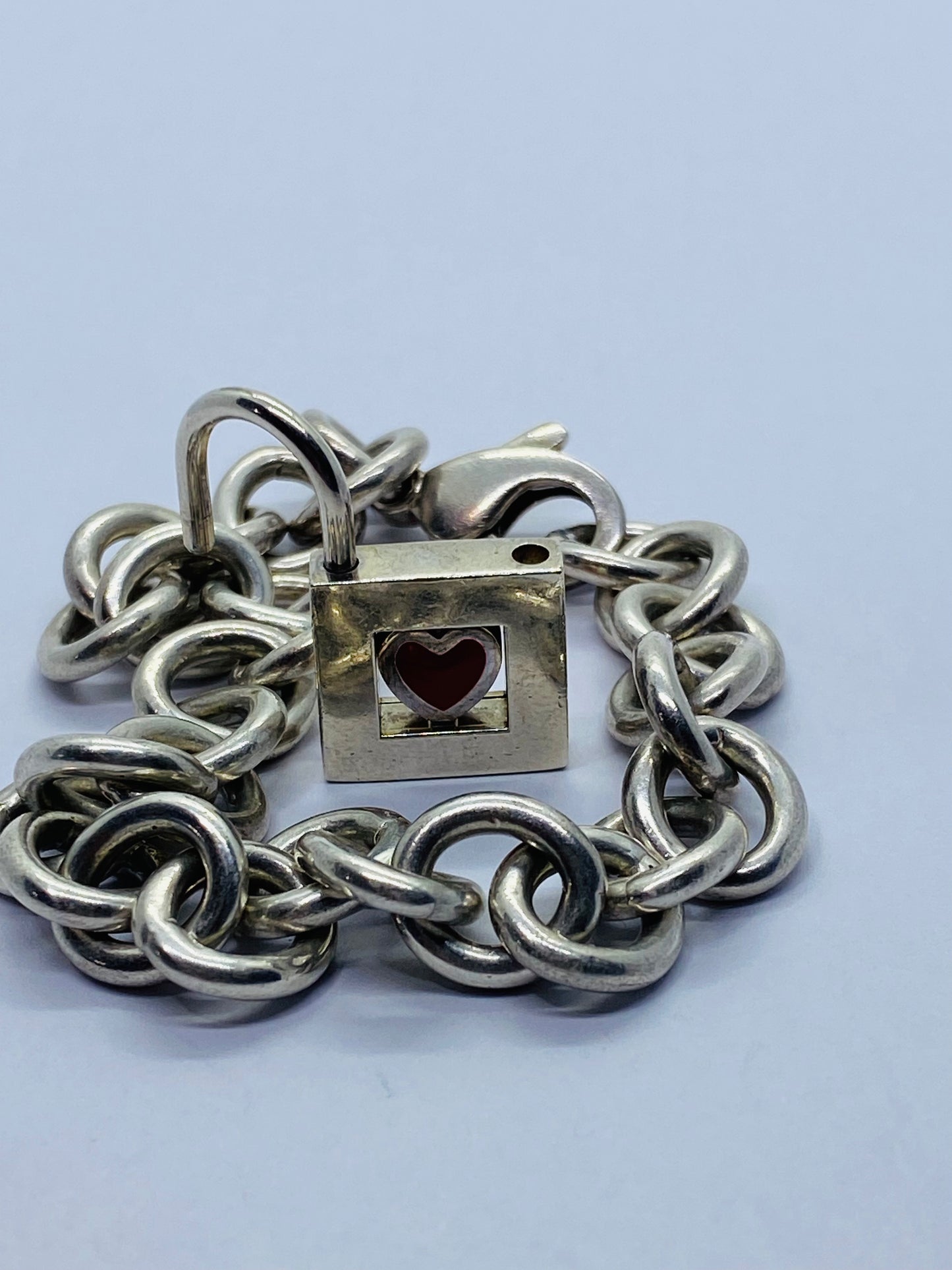TIFFANY & CO. Bracelet 8” Red Heart Padlock Charm Sterling Silver W/Pouch