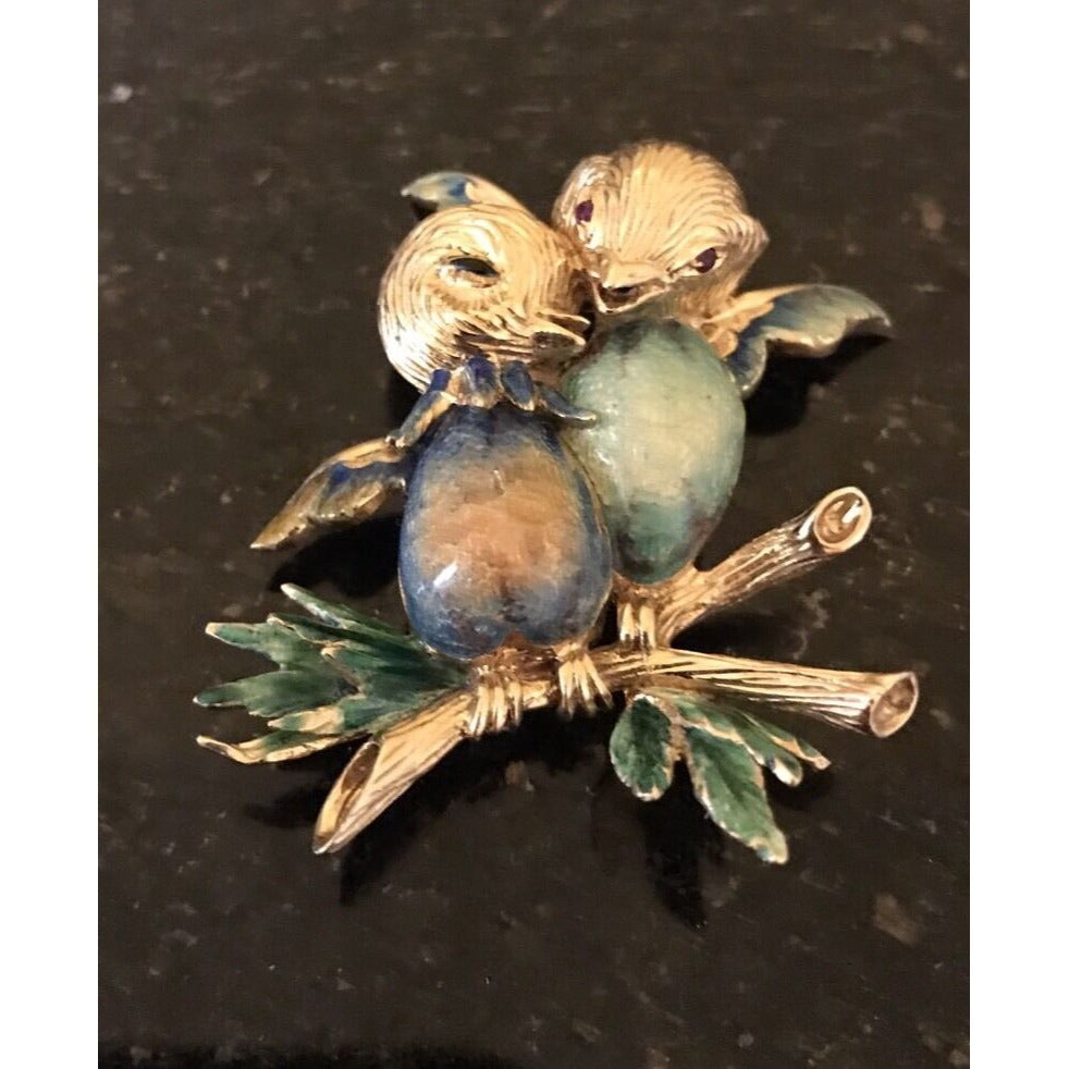 Solid Yellow Gold 18K Enamel Birds Brooch/Pin Vintage