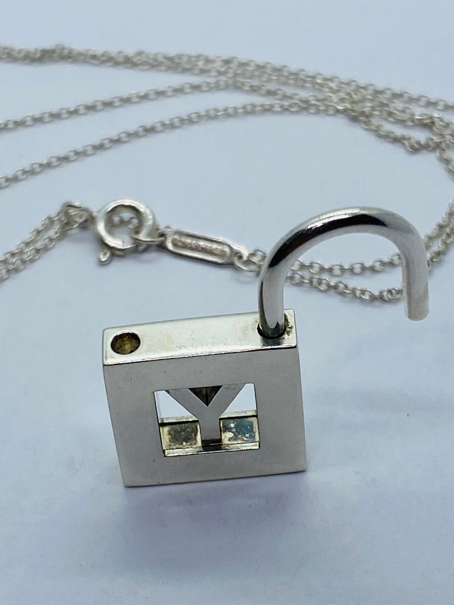 Tiffany & Co Silver Alphabet Letter "Y" Padlock Charm Pendant 17.5” Necklace