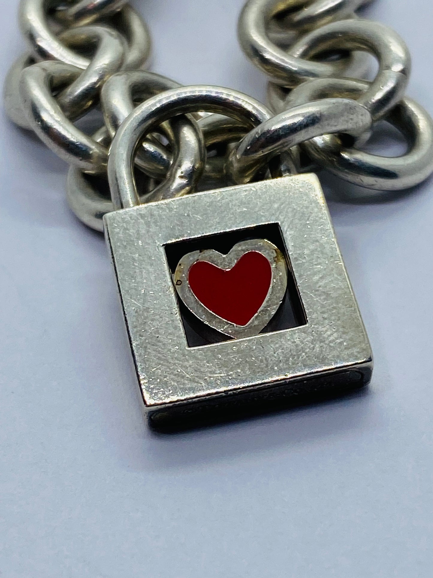 TIFFANY & CO. Bracelet 8” Red Heart Padlock Charm Sterling Silver W/Pouch