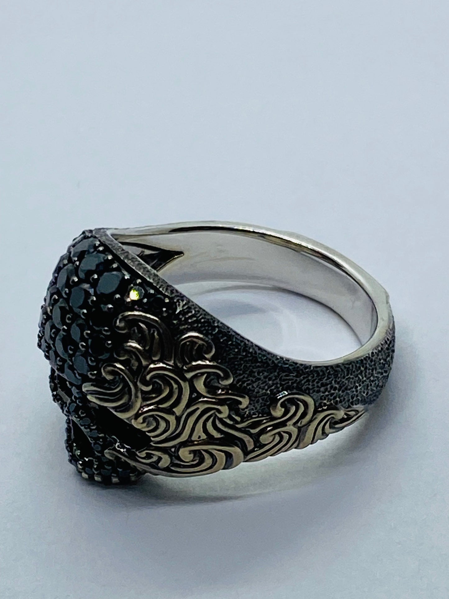 RARE SOLID 18K David Yurman Skull Black Diamond Ruby Ring in White Gold 18MM