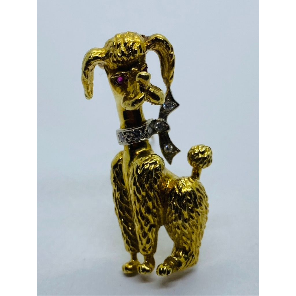 Signed Diamond Ruby 18K Gold Textured Poodle Dog Pin 15.3 Grams