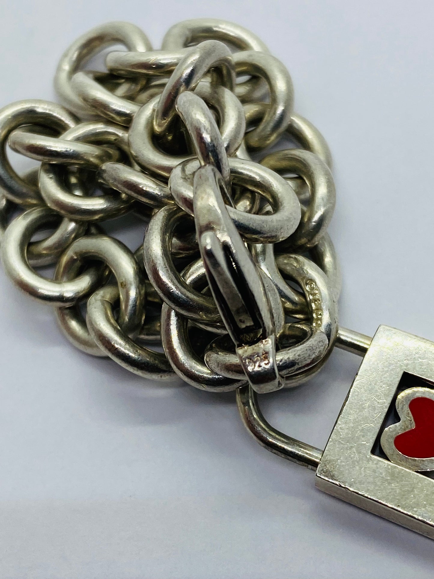 TIFFANY & CO. Bracelet 8” Red Heart Padlock Charm Sterling Silver W/Pouch