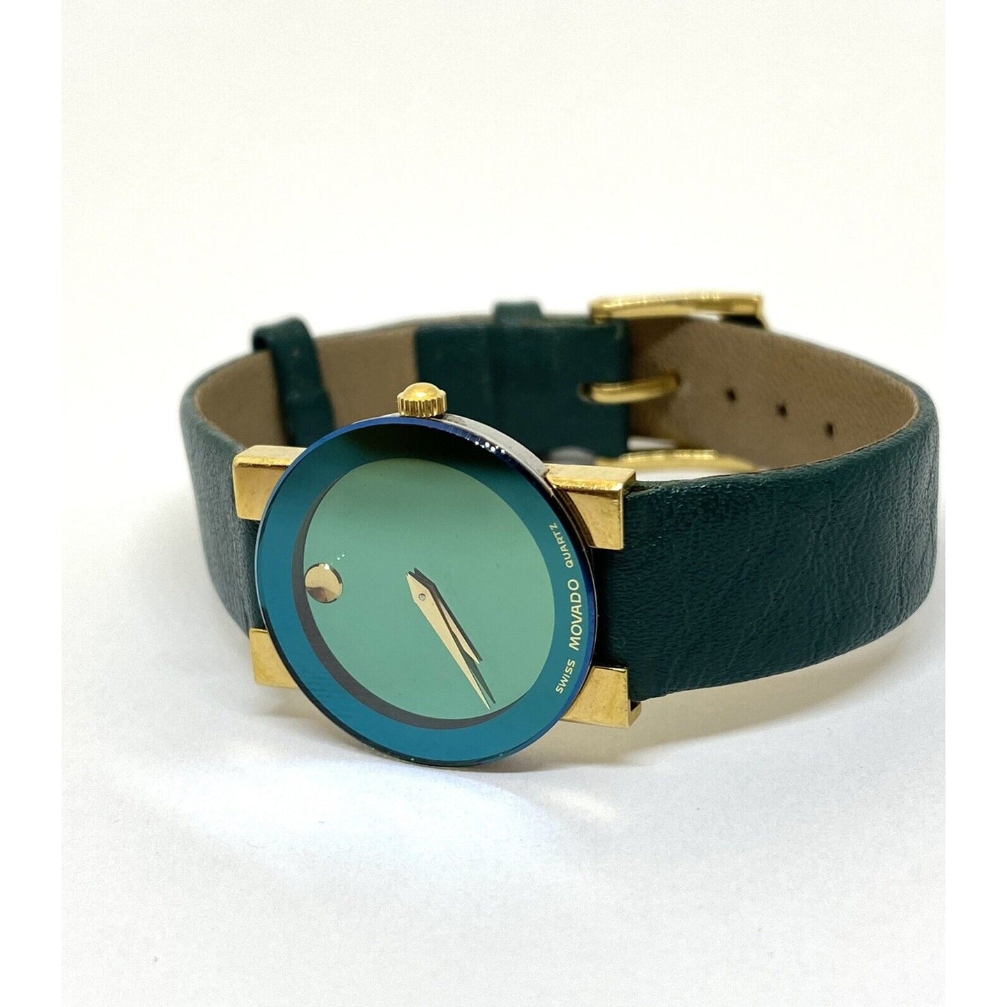 Movado Limited Edition Ladies Gold Tone Museum Green Dial Leather Strap In Box