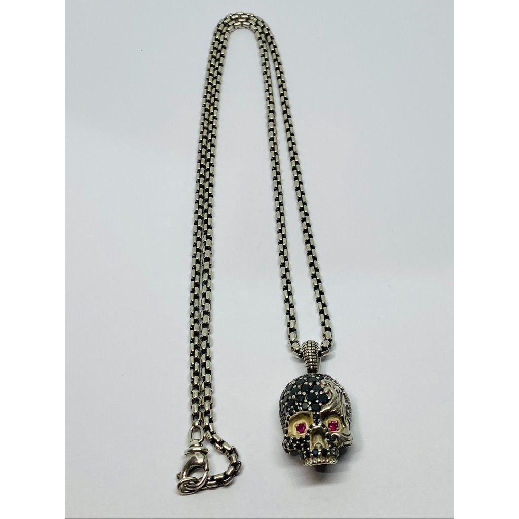 David Yurman Black Diamond and Ruby Skull Wave Chain Pendant Necklace (READ)