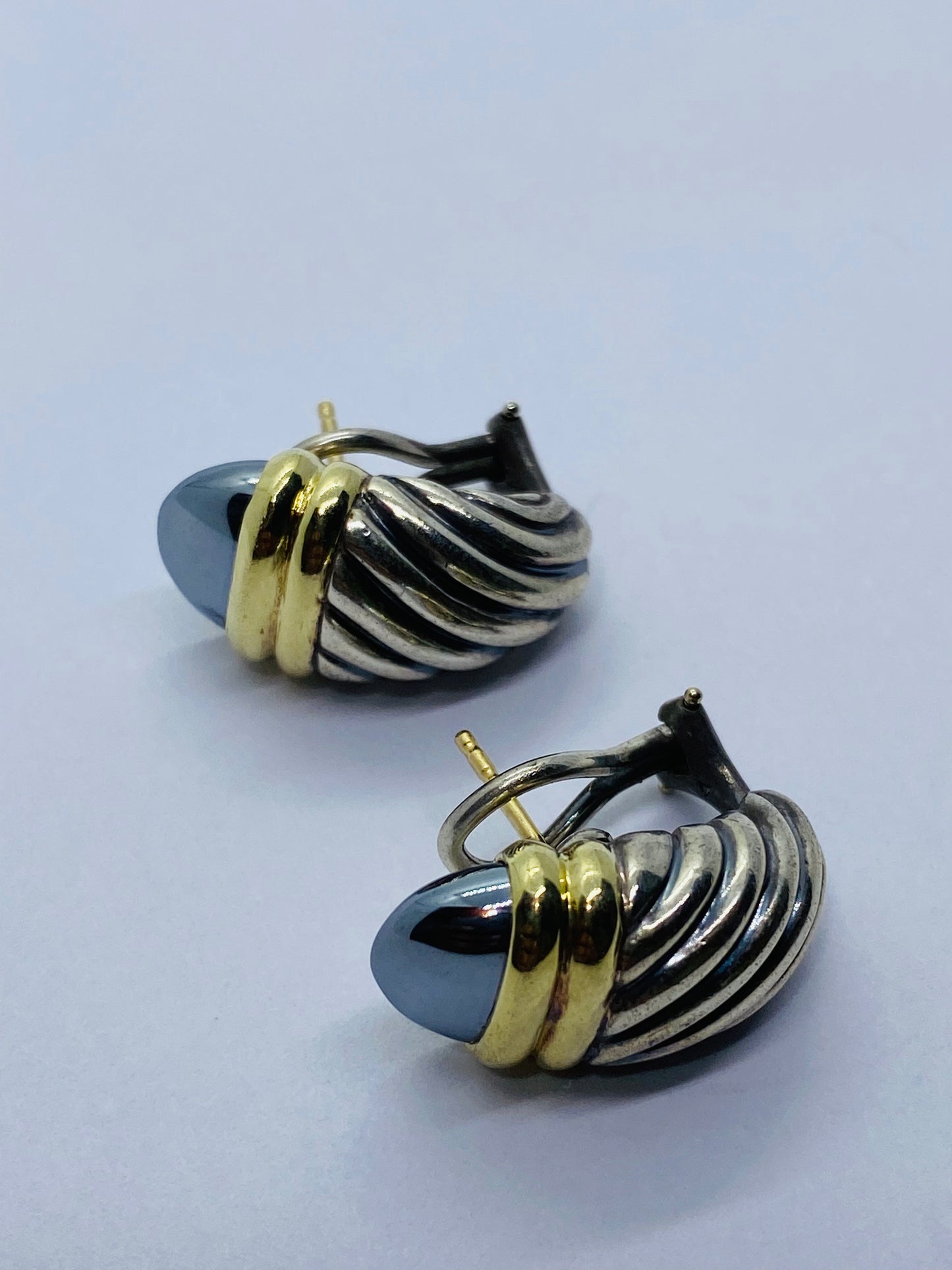 David Yurman 925 Silver 585 Hematite Cable Shrimp Omega Earrings