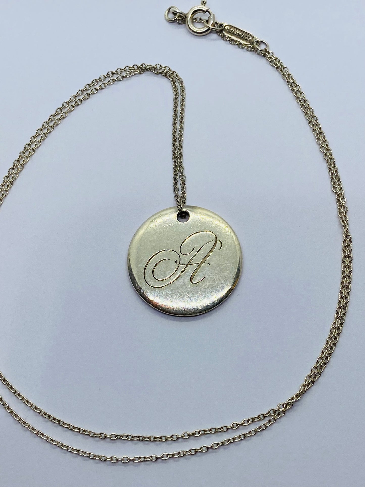 Tiffany Letter A Large Alphabet Initial Disc Notes Pendant Chain Necklace 19.5”