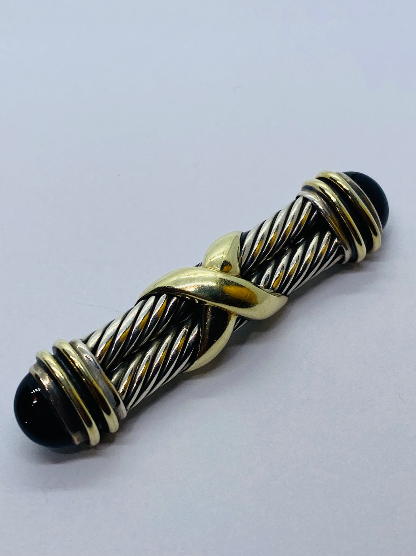 David Yurman Double Cable X Black Onyx 925 Silver 14K Gold Bar Brooch/Tie Pin
