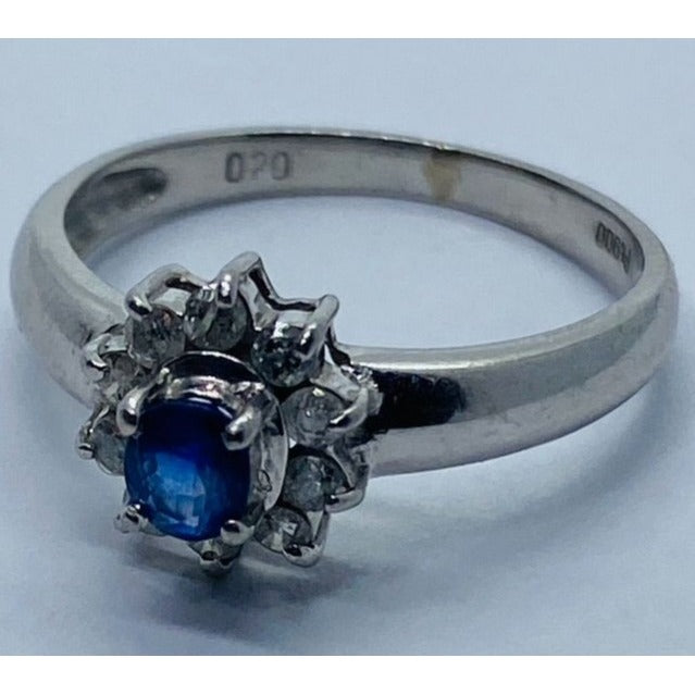 Solid Platinum 900 Navy Sapphire Diamond Halo Ring - 2.7 gms, Sz 5 , .40 TCW
