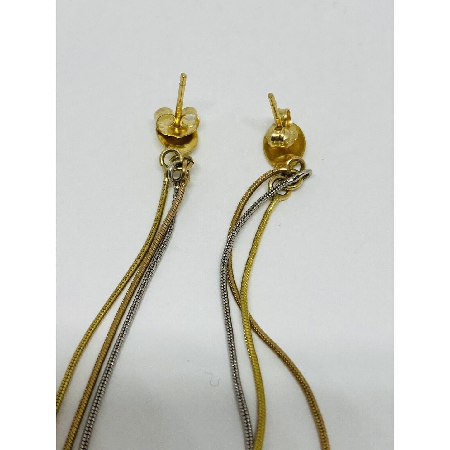 Solid 14k Tri Color 3 strand Omega Dangle Drop Earrings Hearts Beads 3”
