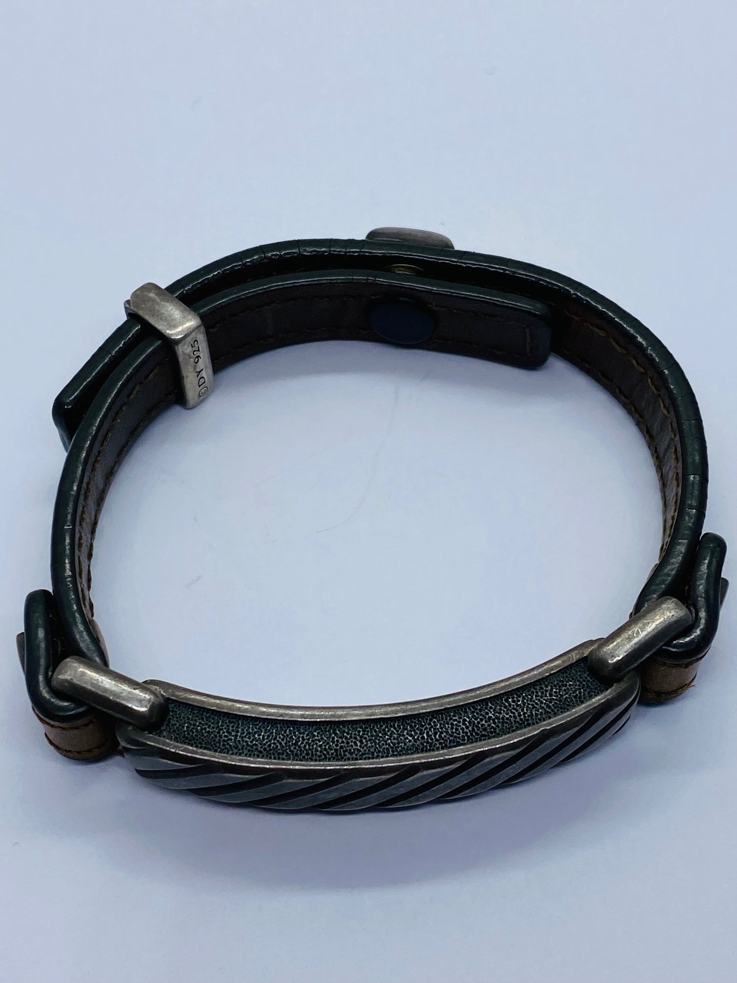 David Yurman Darkened Sterling Silver Modern Leather Striped ID Bracelet Brown