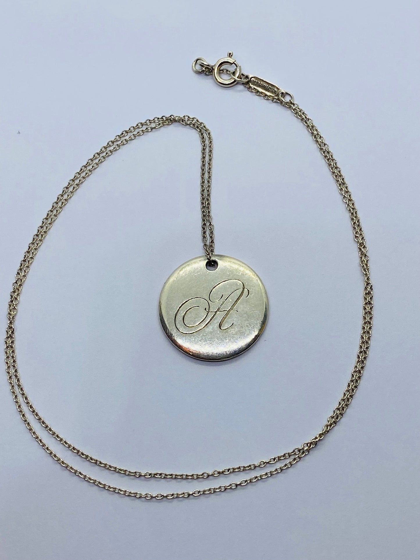 Tiffany Letter A Large Alphabet Initial Disc Notes Pendant Chain Necklace 19.5”
