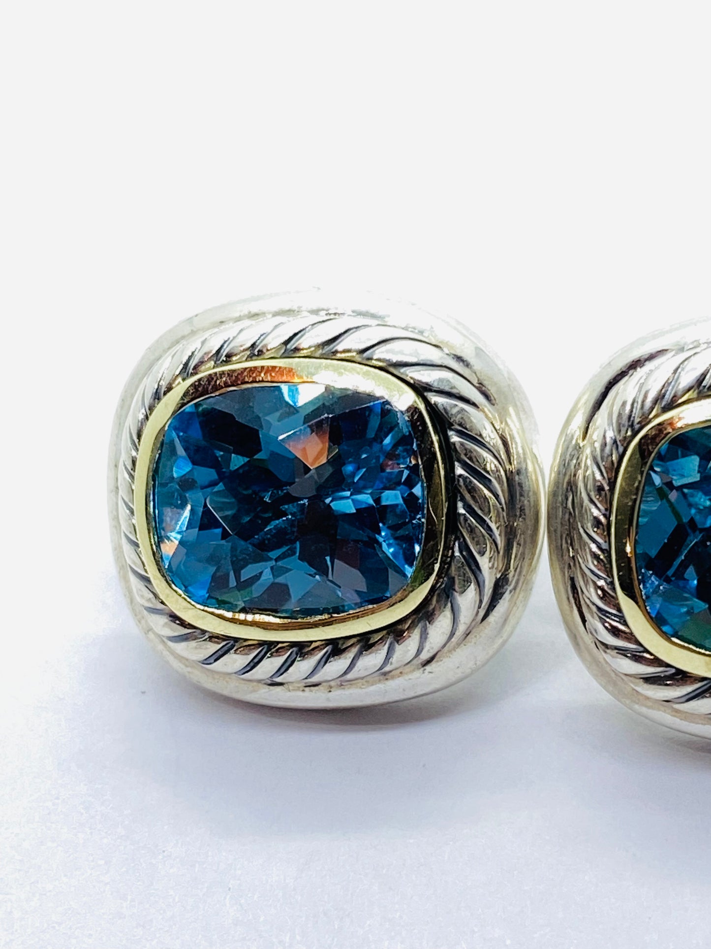 David Yurman Sterling Silver 14K Gold Albion Cushion Cut Blue Topaz Earrings
