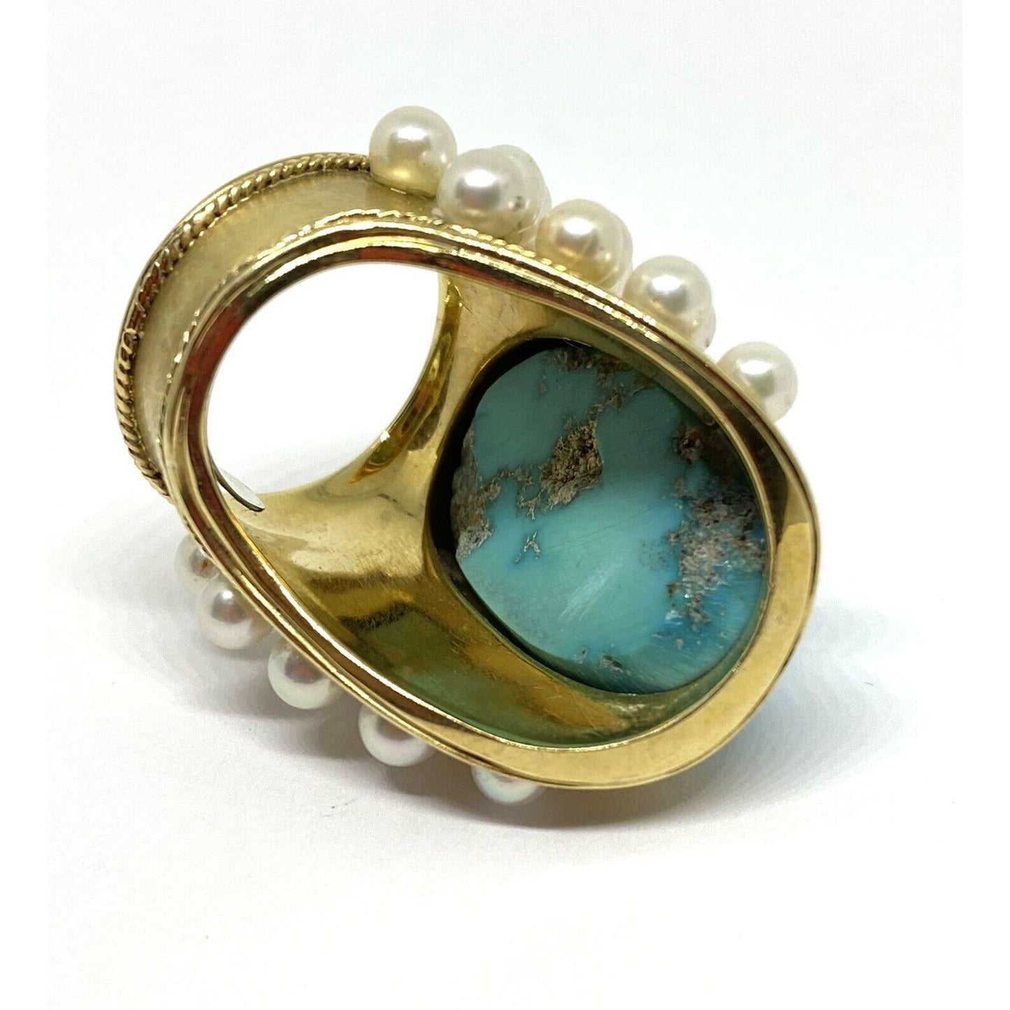 Huge 16CT Natural Turquoise Pearl 18K Gold Wide Shield Ring 30.3 Grams Gia Cert