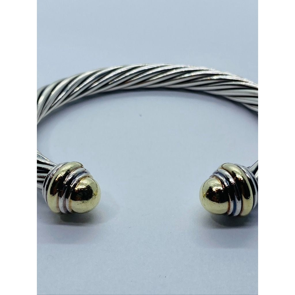 David Yurman 7mm Cuff Bracelet Sterling 14K Gold Dome End Caps Retail 6.25"