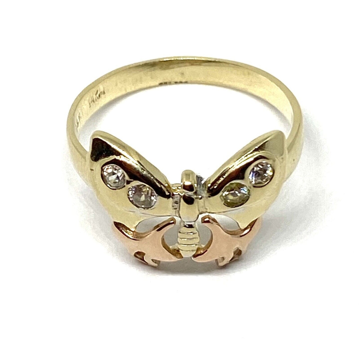 14K Solid Yellow Gold Beautiful Tri Color Butterfly CZ Ring. Size 6 3/4
