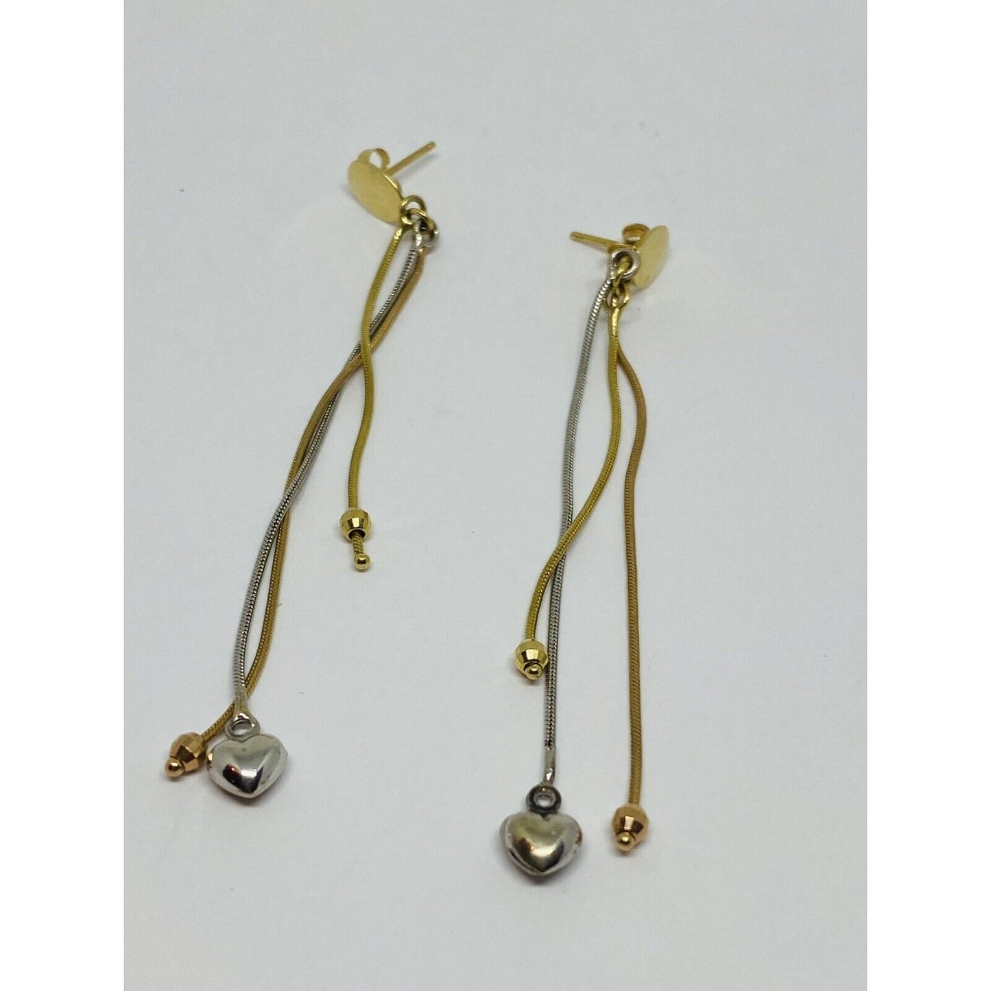 Solid 14k Tri Color 3 strand Omega Dangle Drop Earrings Hearts Beads 3”