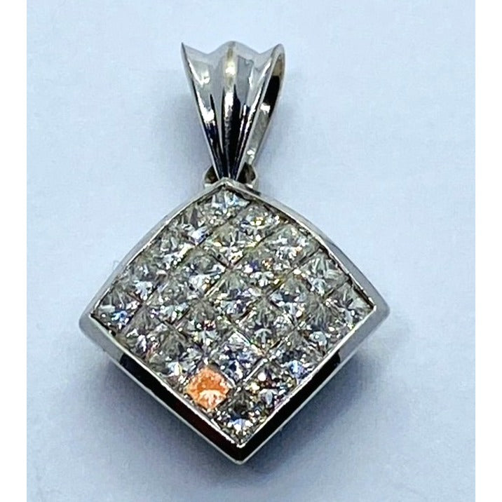 MODERN PRINCESS CUT INVISIBLE DIAMOND NECKLACE PENDANT CHARM 14K WHITE GOLD