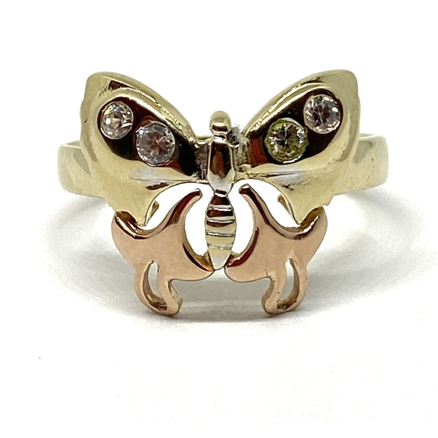14K Solid Yellow Gold Beautiful Tri Color Butterfly CZ Ring. Size 6 3/4