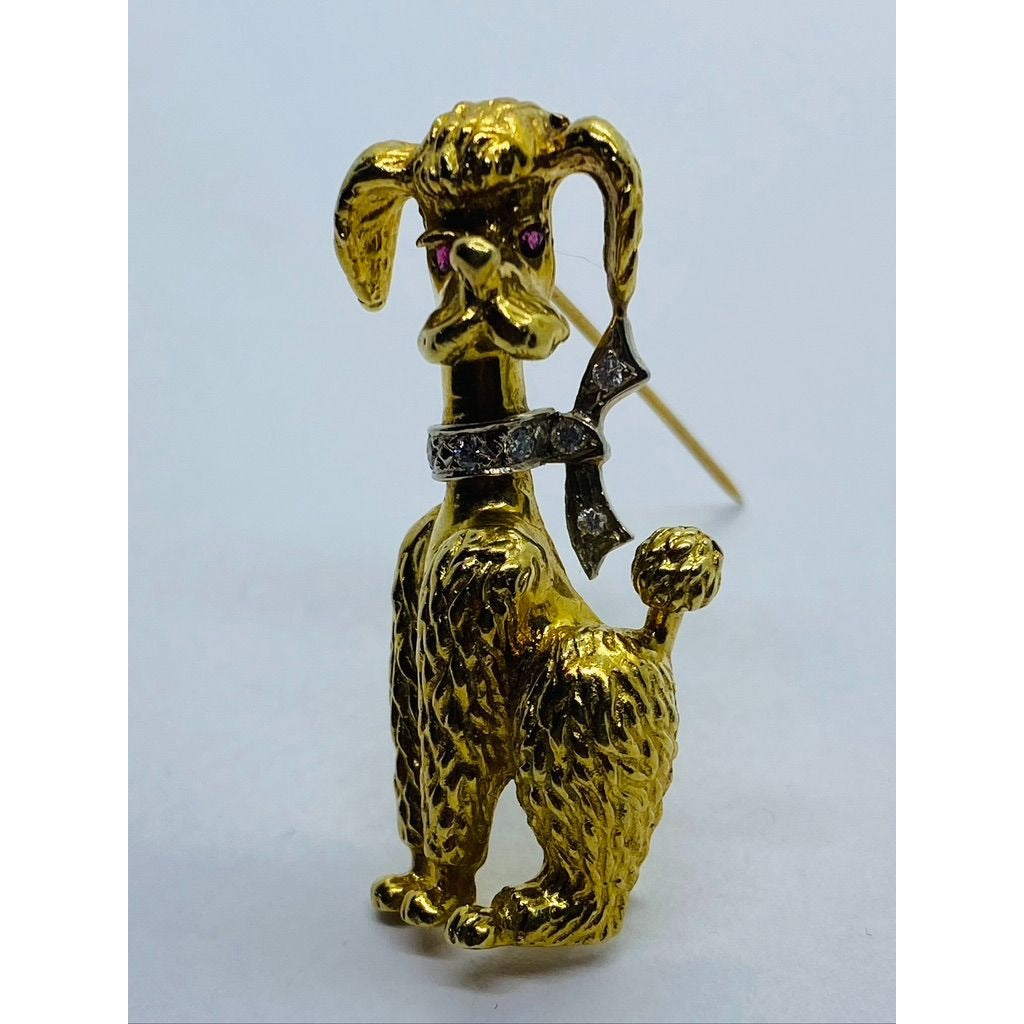 Signed Diamond Ruby 18K Gold Textured Poodle Dog Pin 15.3 Grams