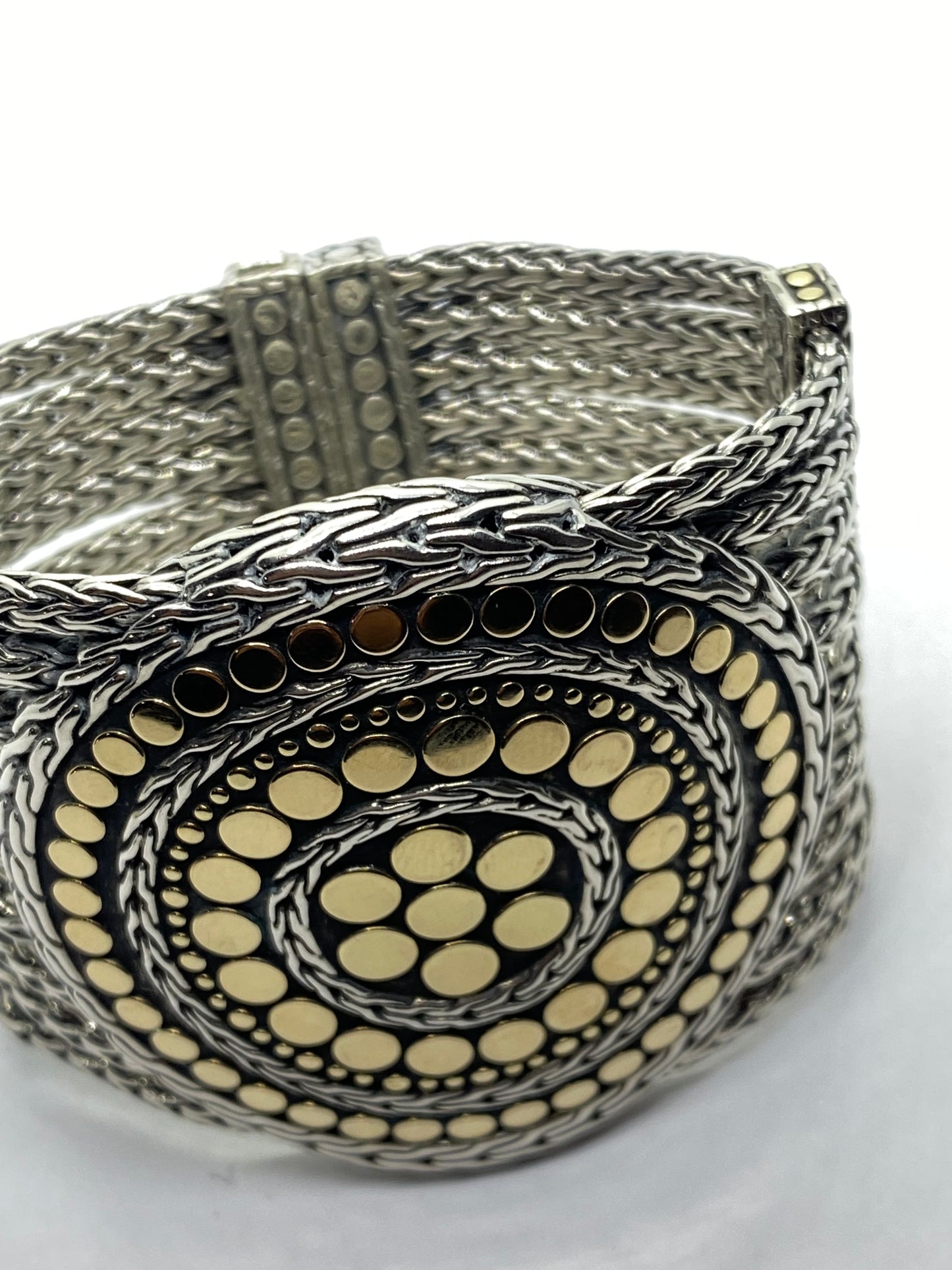 John Hardy 18K Yellow Gold 925 Sterling Mesh Dot Multi Strand (9) Bracelet 53MM