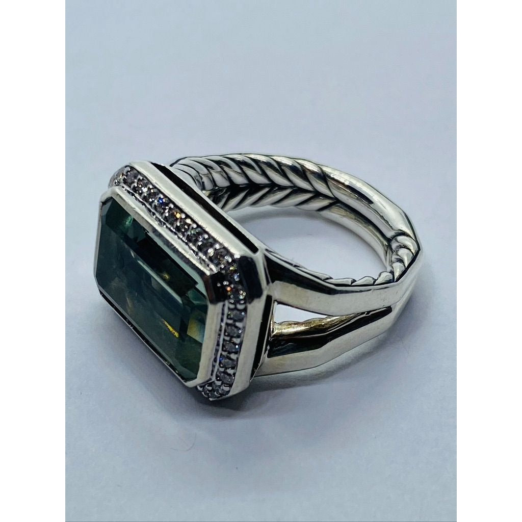 David Yurman Sterling Silver Novella Prasiolite Diamond Ring Size 4.75
