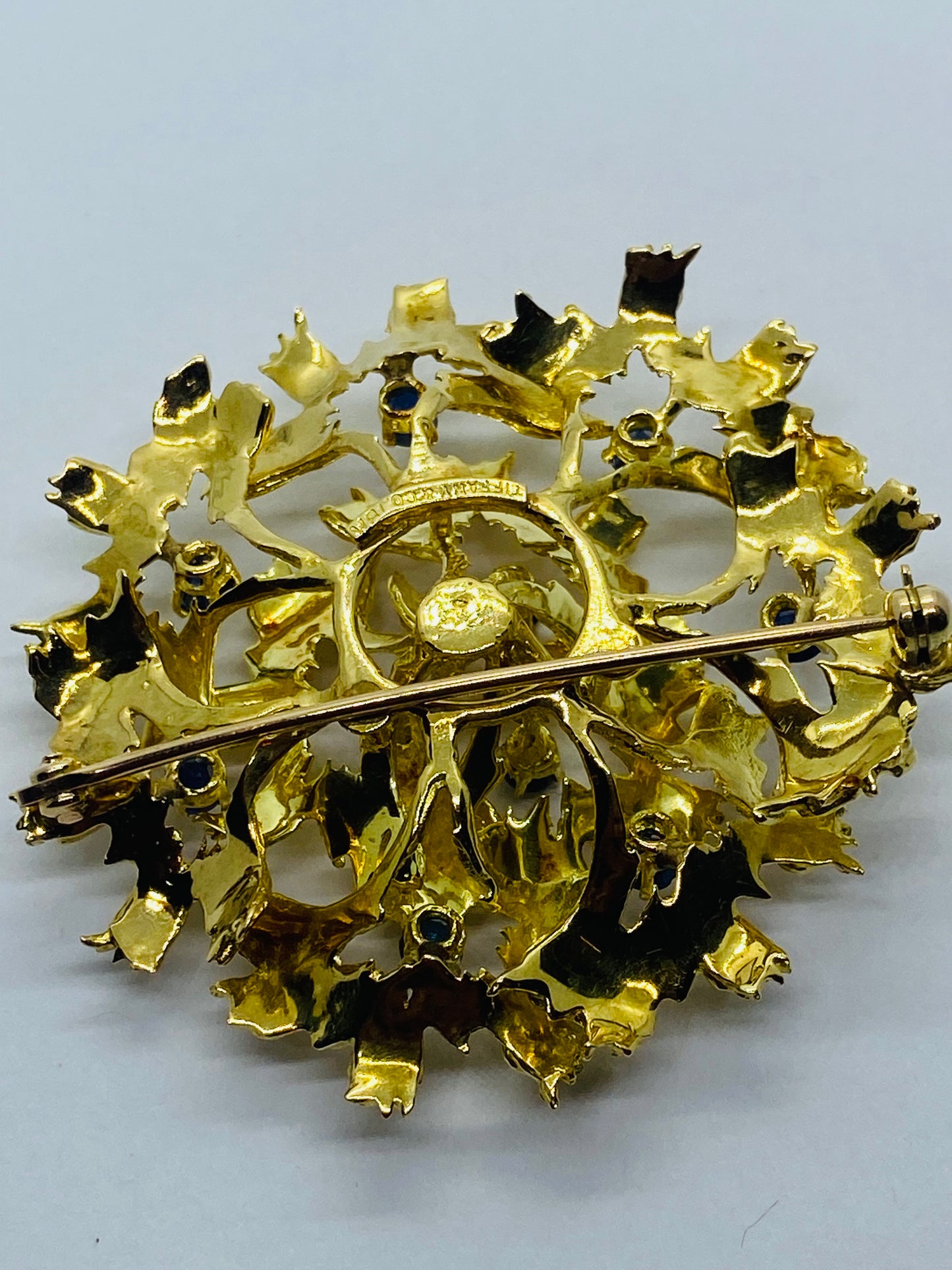 Huge Tiffany & Co. 18K Yellow Gold & Sapphires Flower Brooch Pin 52.5MM 1.4 TCW