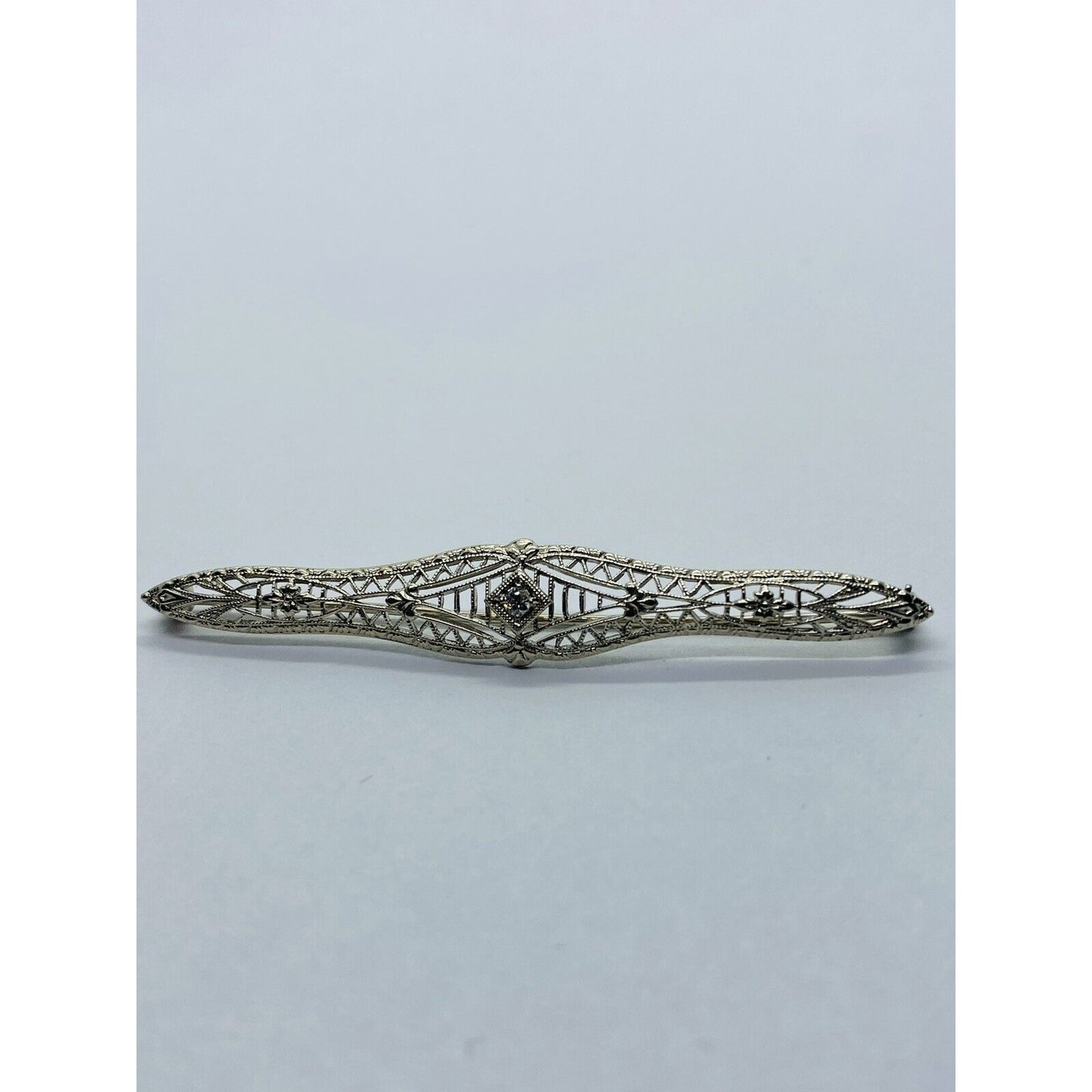 10K White Gold Diamond Filigree Brooch/Pin Vintage