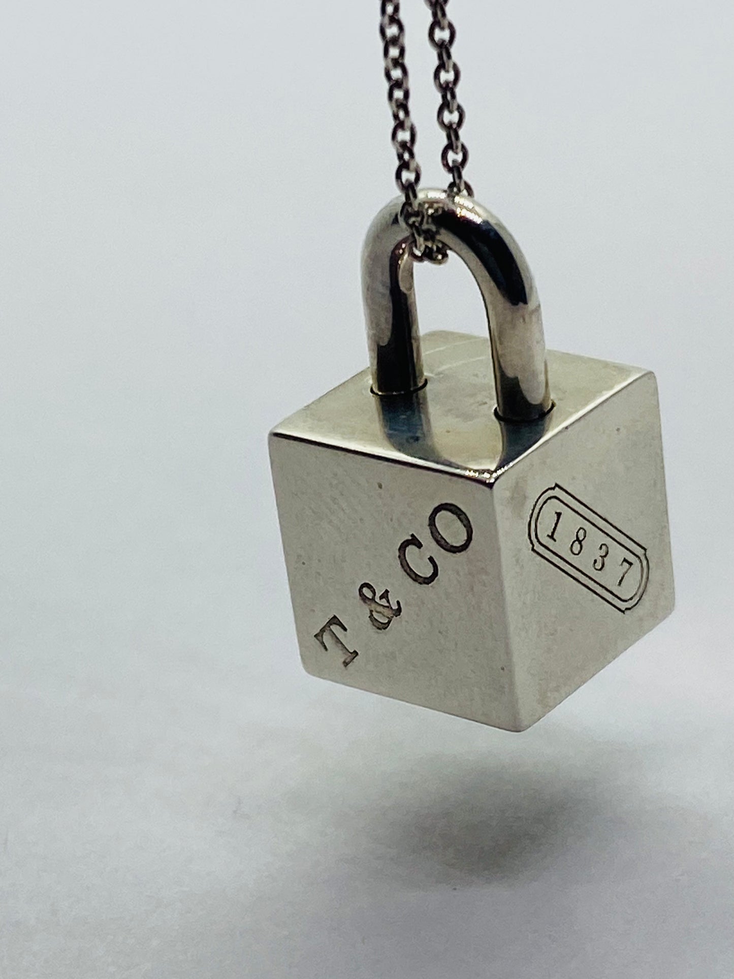 Tiffany & Co Silver 1837 Square Cube Padlock Pendant Charm Necklace 16” Rare