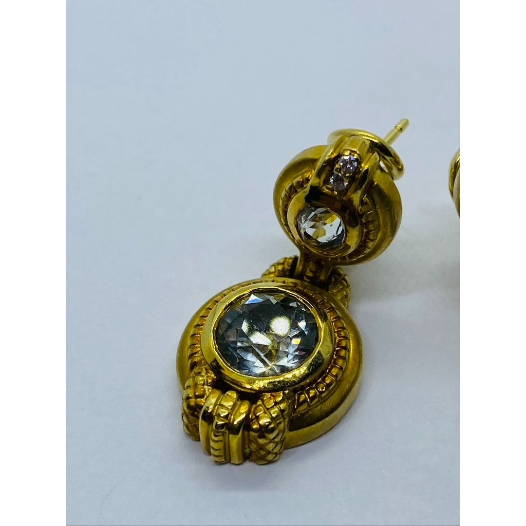 Judith Ripka 18k Yellow Gold Diamond & Quartz Dangle 2 Stone Earrings