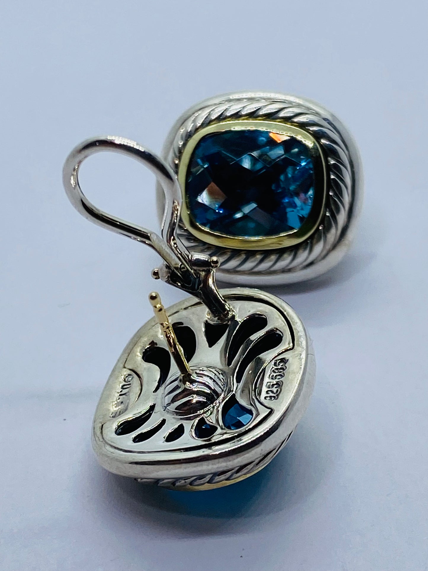 David Yurman Sterling Silver 14K Gold Albion Cushion Cut Blue Topaz Earrings