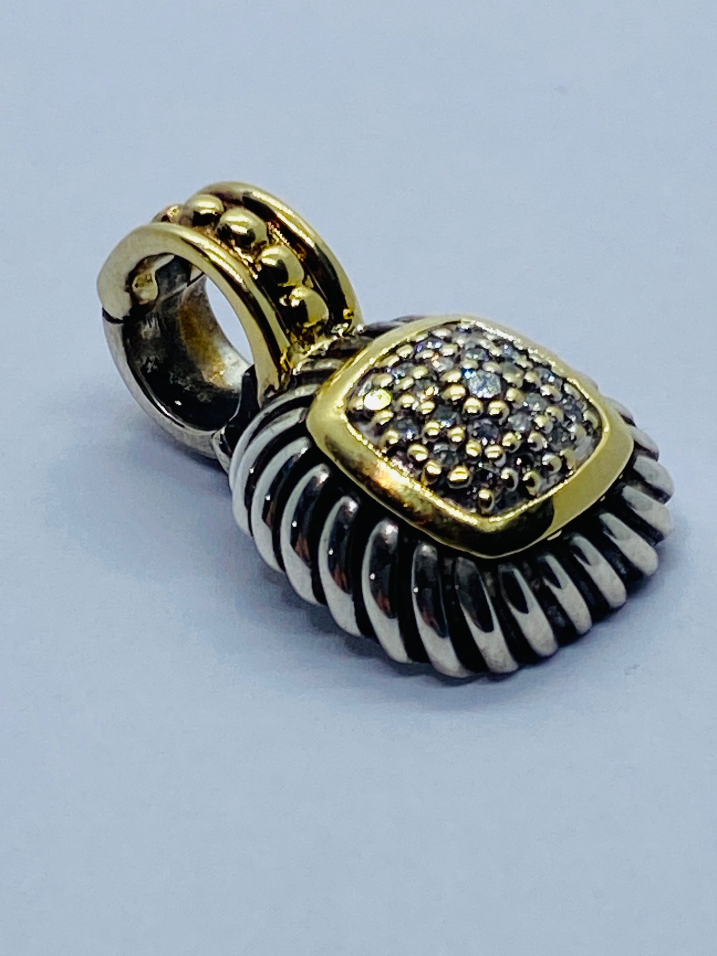 David Yurman Sterling Silver 18K Gold Pave Diamond Albion Cable Pendant $1,150
