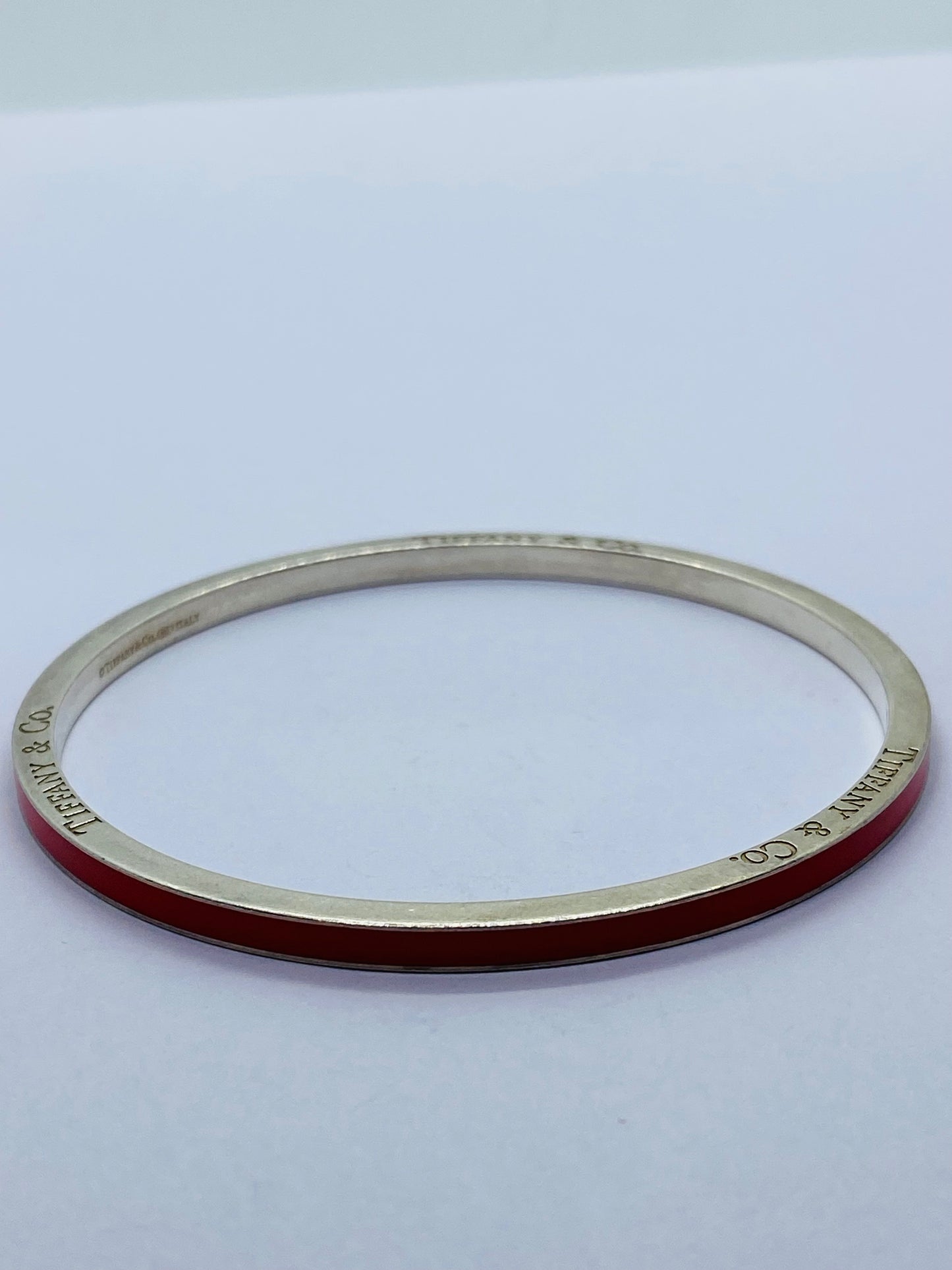 RARE Tiffany & Co. Silver Red Enamel Stripe Bangle Bracelet POUCH
