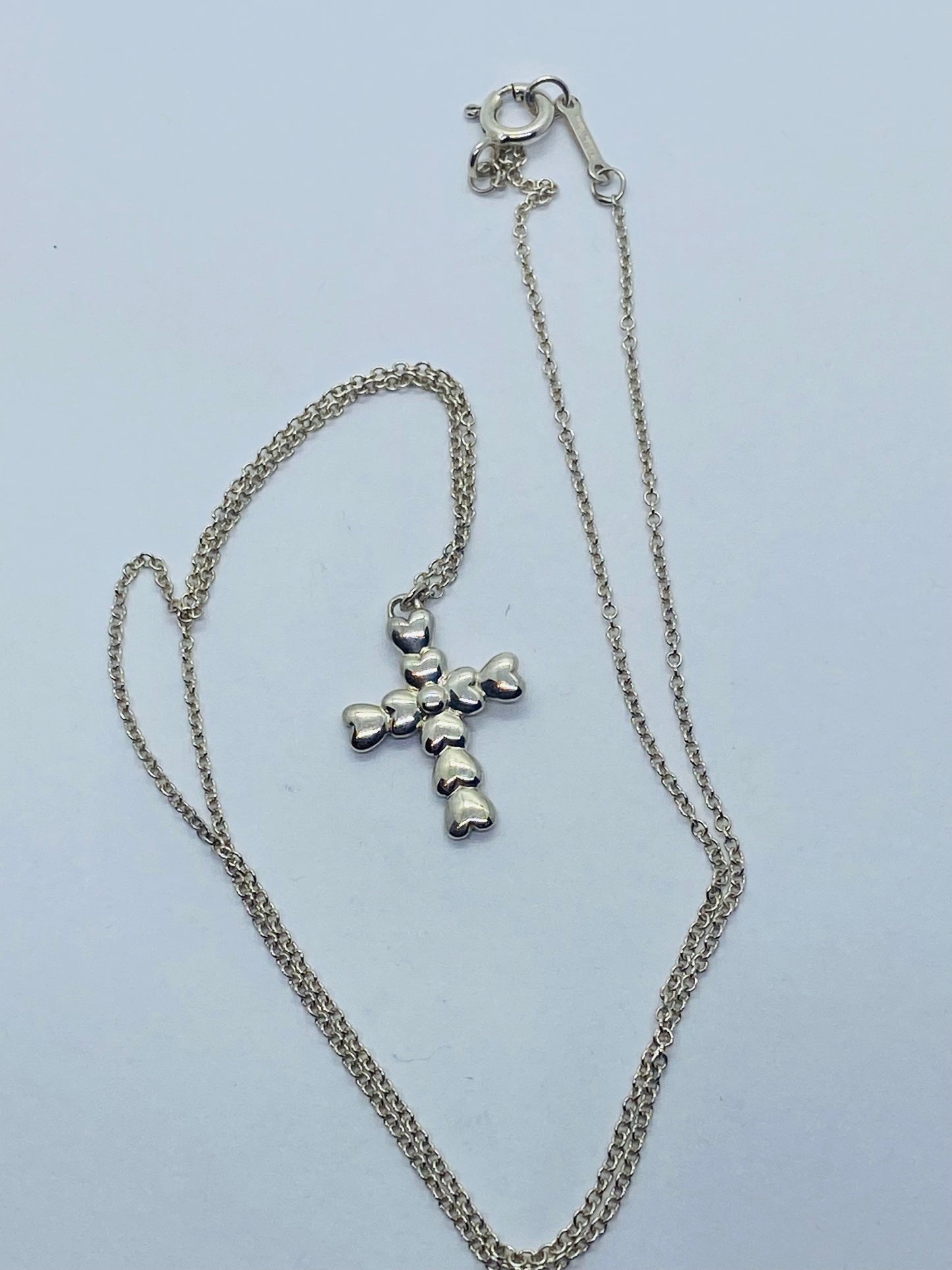 Tiffany & Co Silver Crown of Hearts Cross Pendant 16” Chain Necklace Pouch & Box