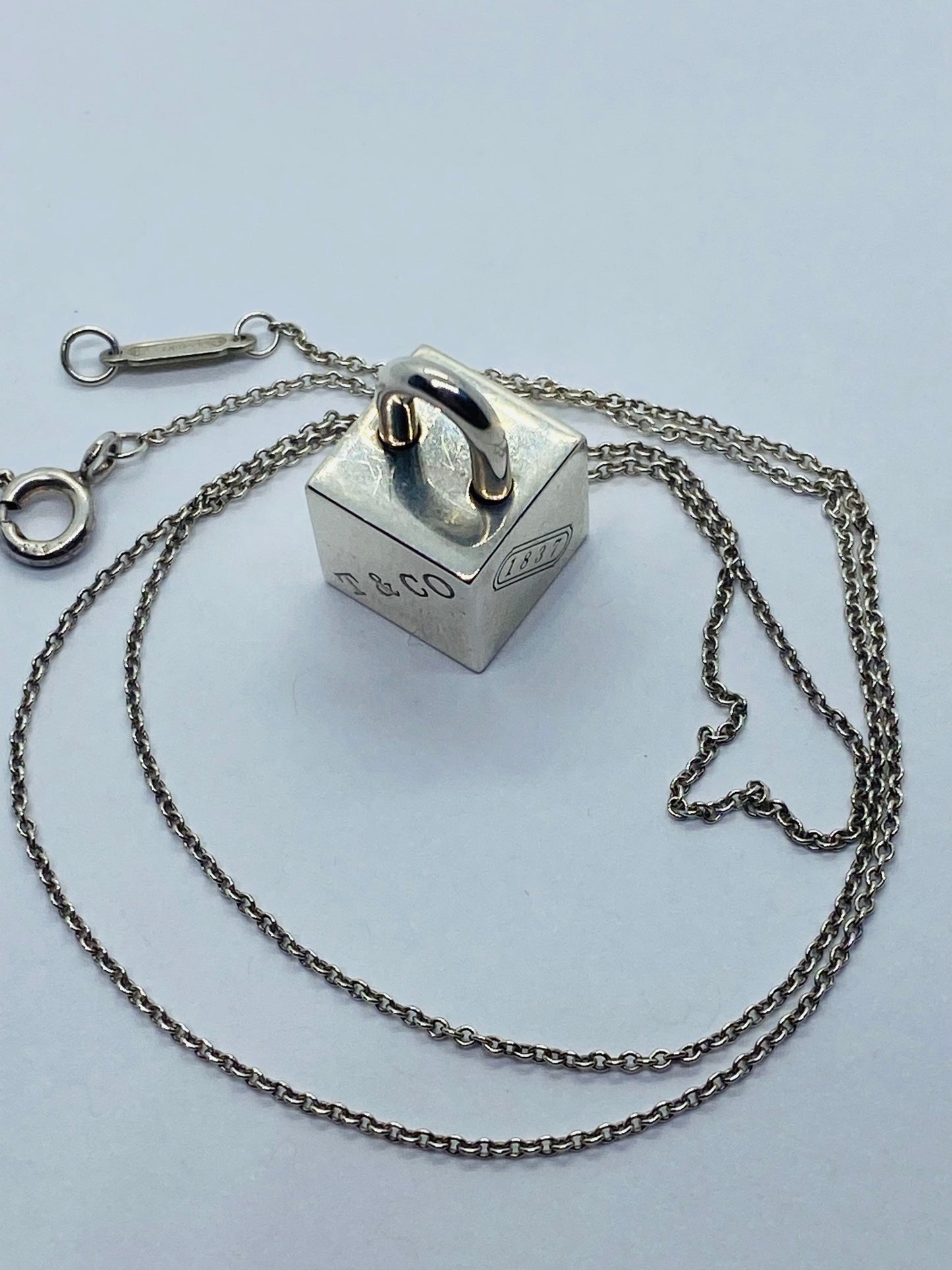 Tiffany & Co Silver 1837 Square Cube Padlock Pendant Charm Necklace 16” Rare
