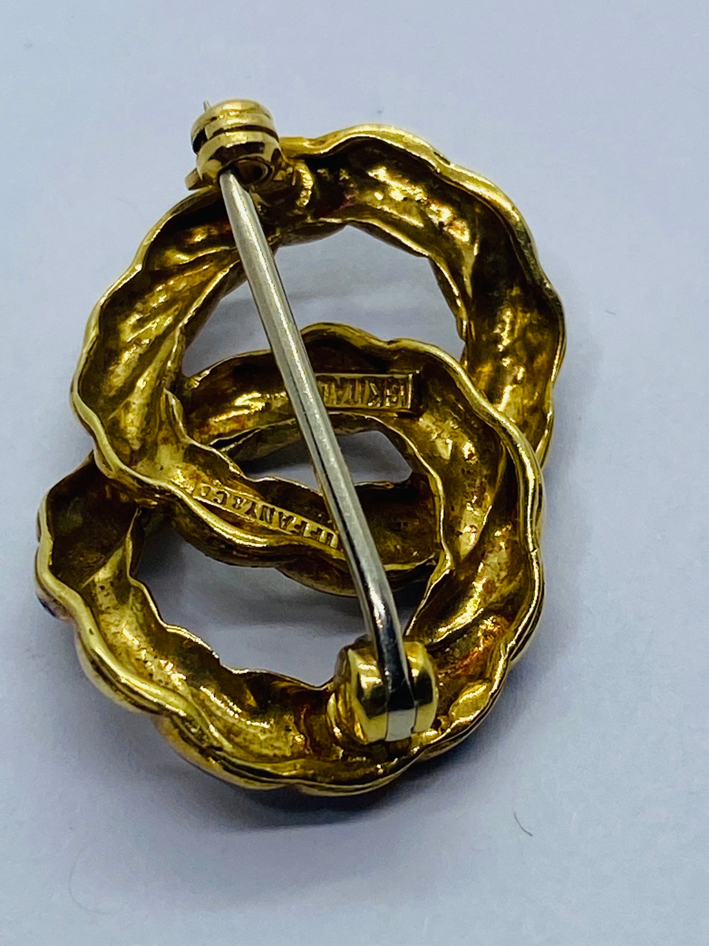 Vintage Tiffany & Co. 18K Yellow Gold & Blue Enamel Intertwined Circles Brooch