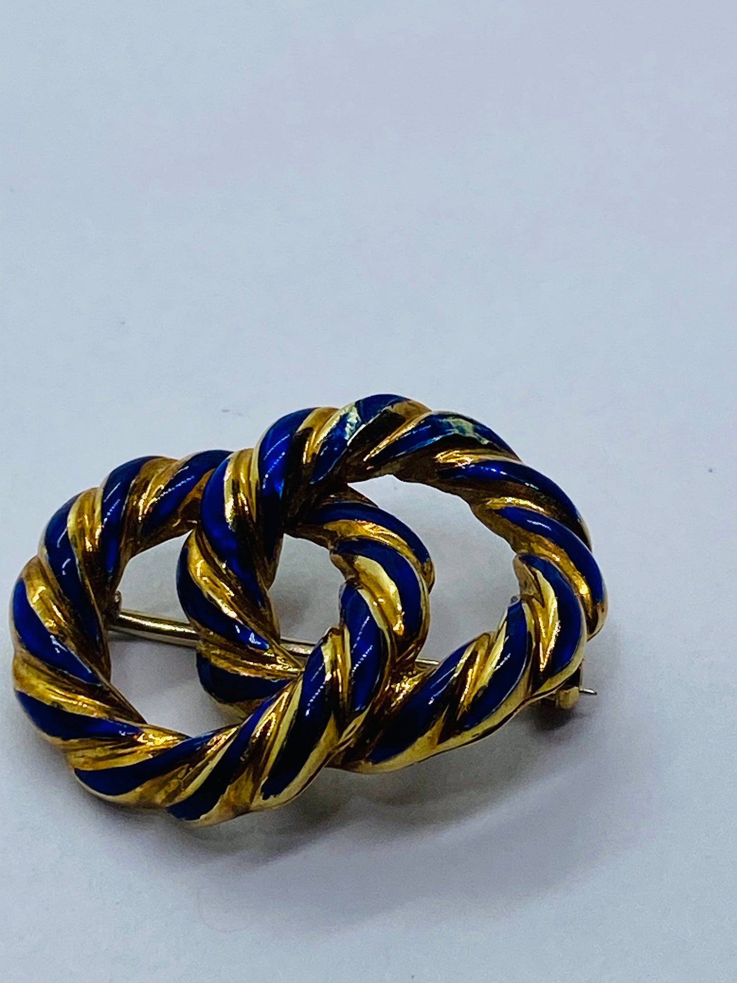Vintage Tiffany & Co. 18K Yellow Gold & Blue Enamel Intertwined Circles Brooch