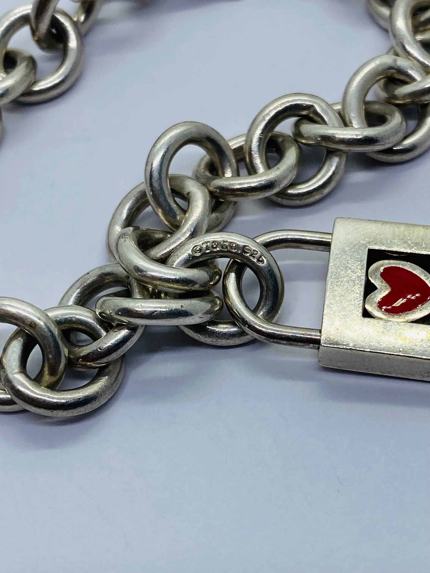 TIFFANY & CO. Bracelet 8” Red Heart Padlock Charm Sterling Silver W/Pouch