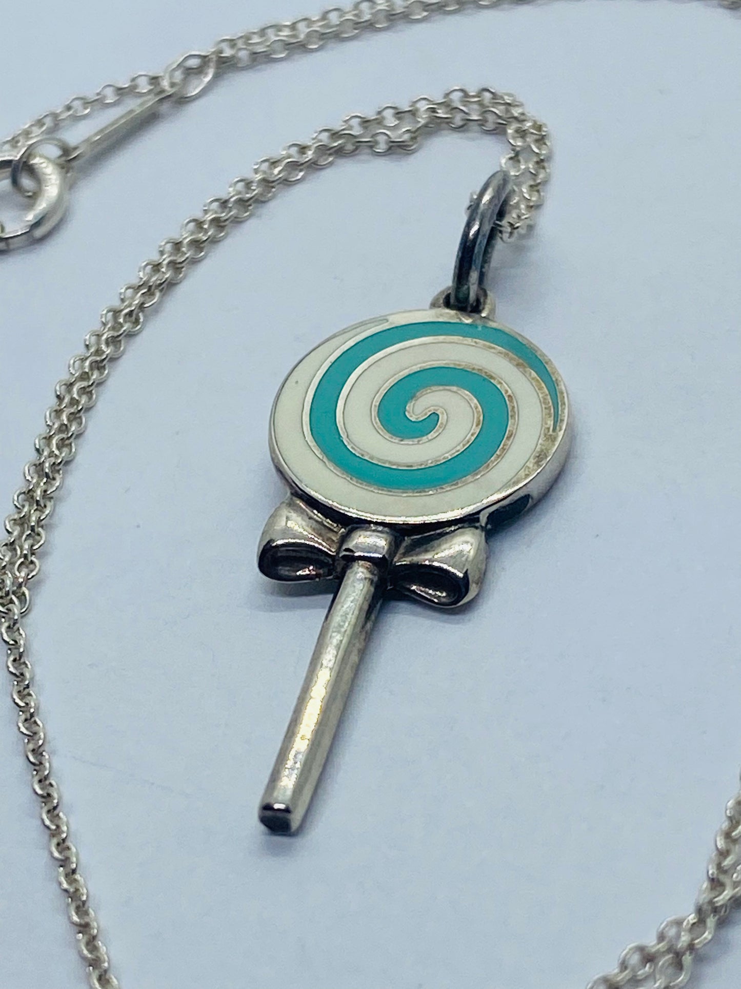 Tiffany & Co 925 Sterling Silver Lollipop Blue Enamel Necklace 16”