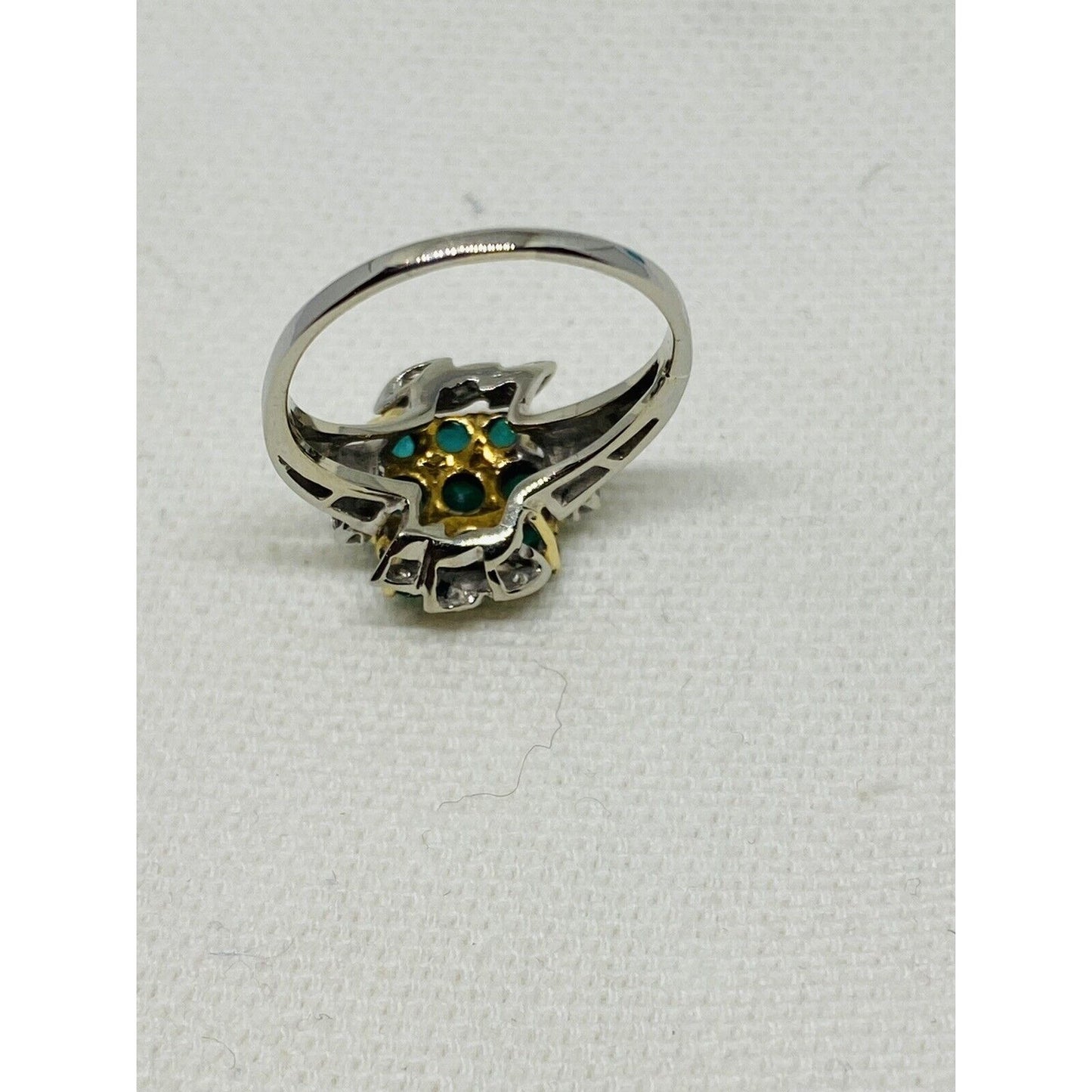 Vintage Diamond Emerald 18K White And Yellow Gold Cluster Ring
