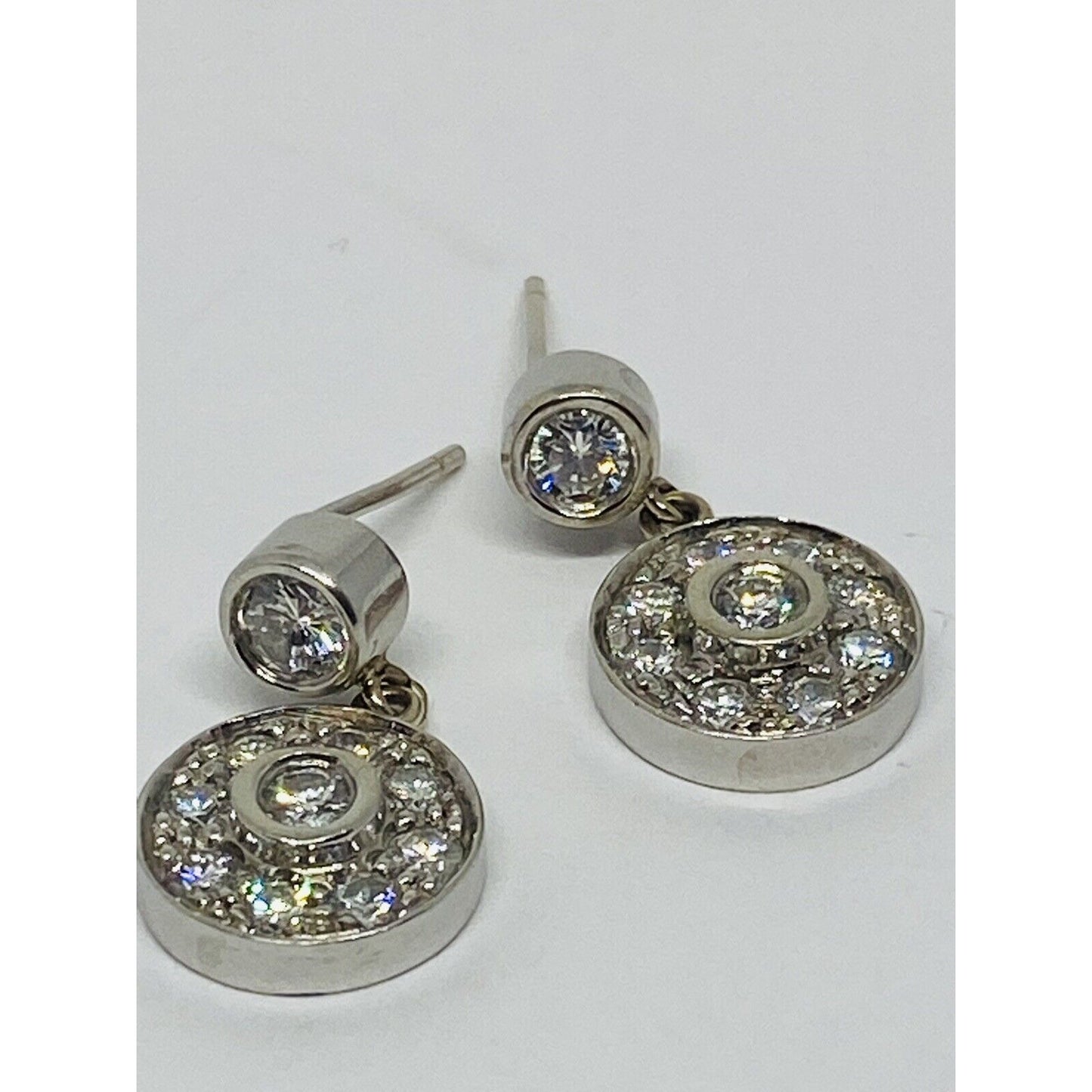 14k White Gold Bezel Set Diamond Halo Drop Dangle Earring 4.6 Grams 21MM 1 CT