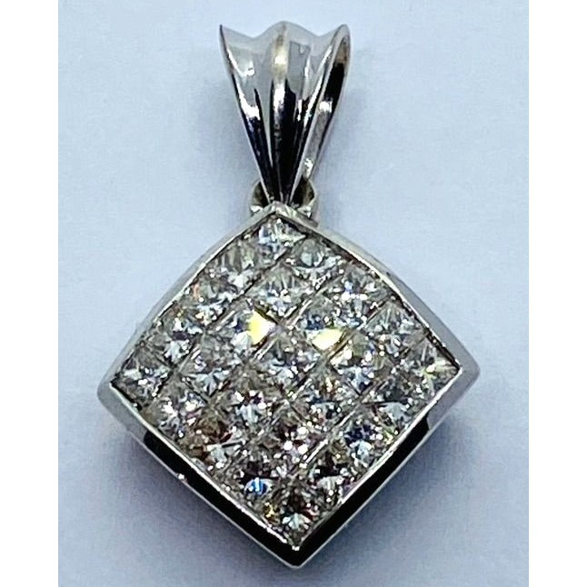 MODERN PRINCESS CUT INVISIBLE DIAMOND NECKLACE PENDANT CHARM 14K WHITE GOLD