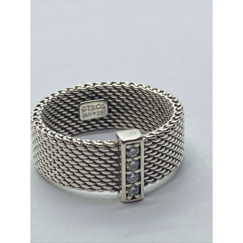 Tiffany & Co Sterling Silver Diamond Mesh Somerset Wide Band Ring. Retired