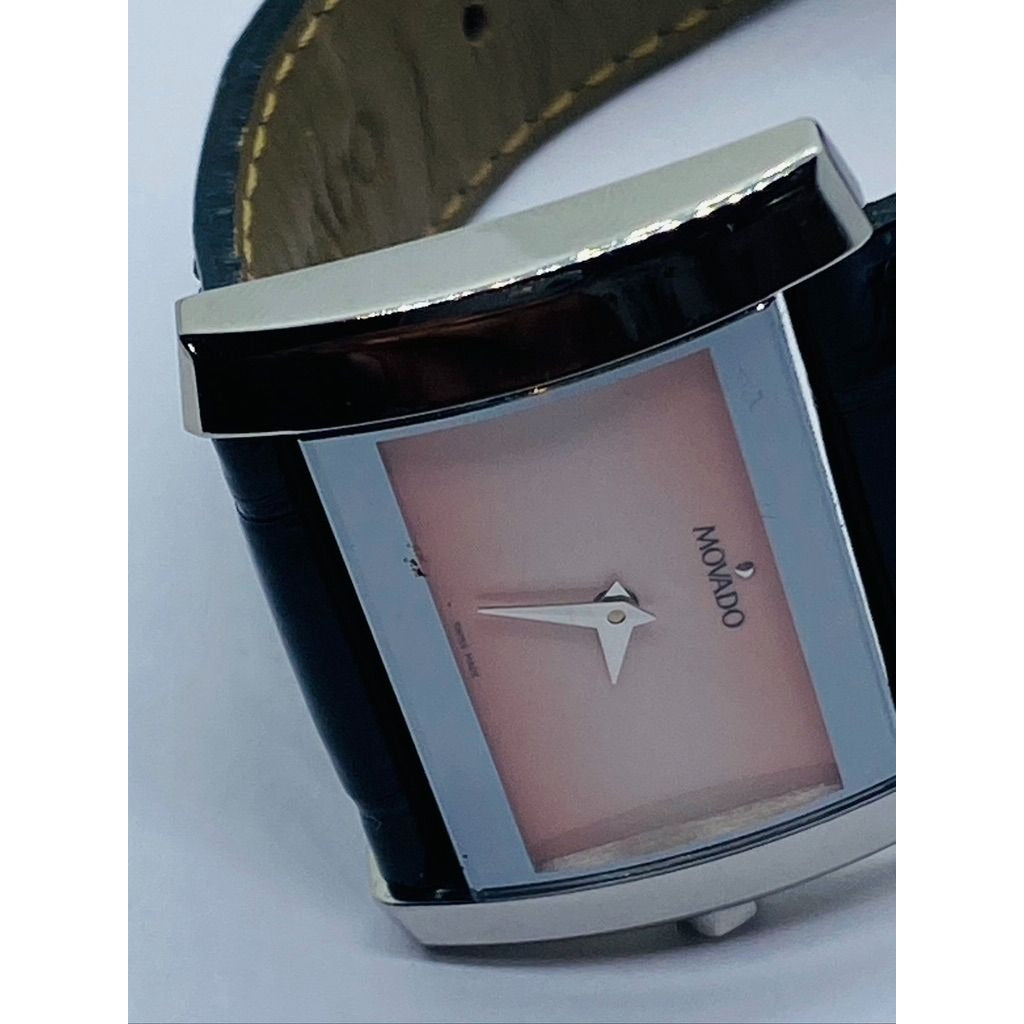 MOVADO $1395 WOMENS SILVER/PINK DIAL, LEATHER STRAP WATCH ELIRO SERIES