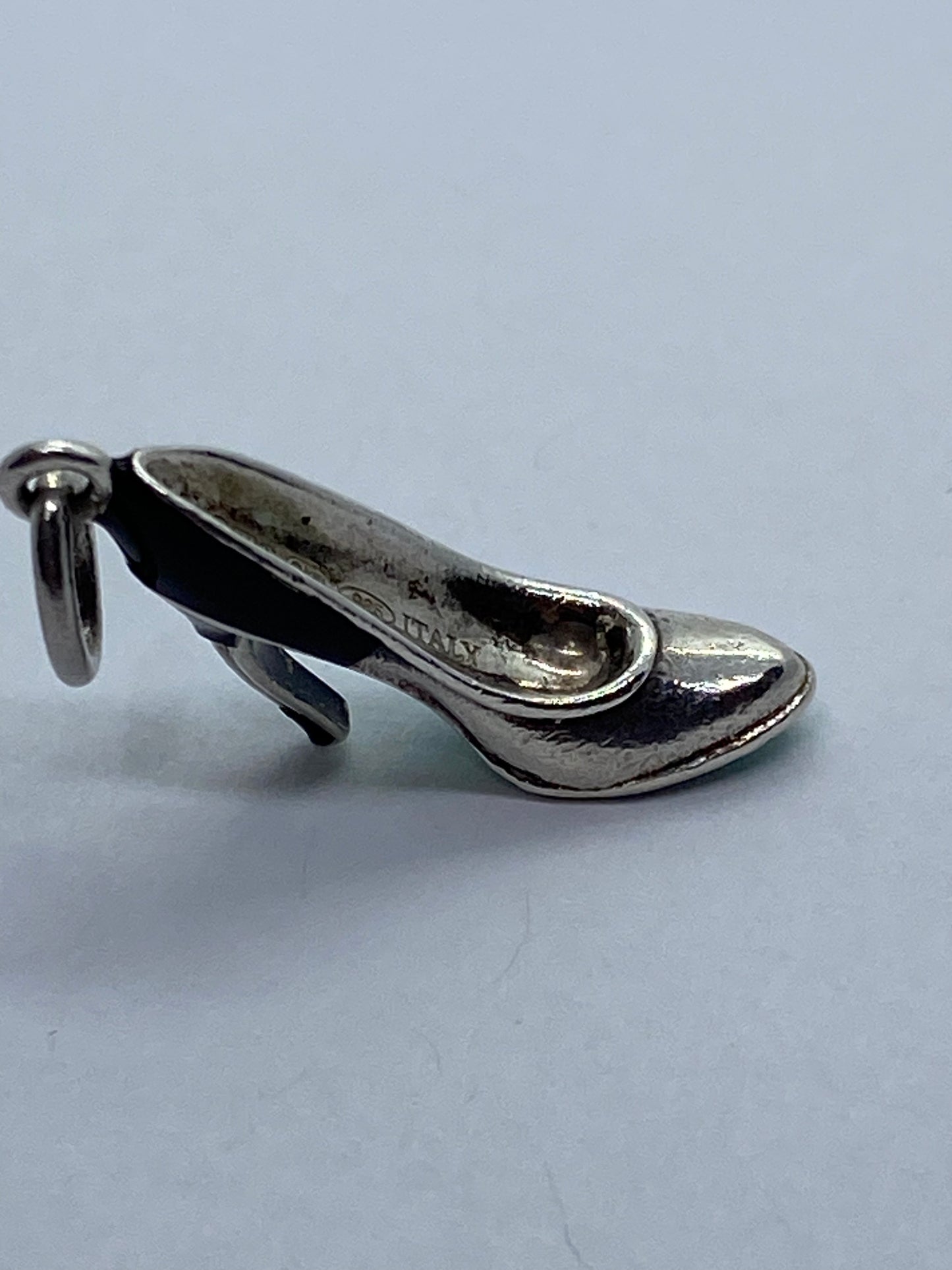Tiffany & Co Silver Enamel Blue Black Enamel Plum Heel Shoe Charm Pump.