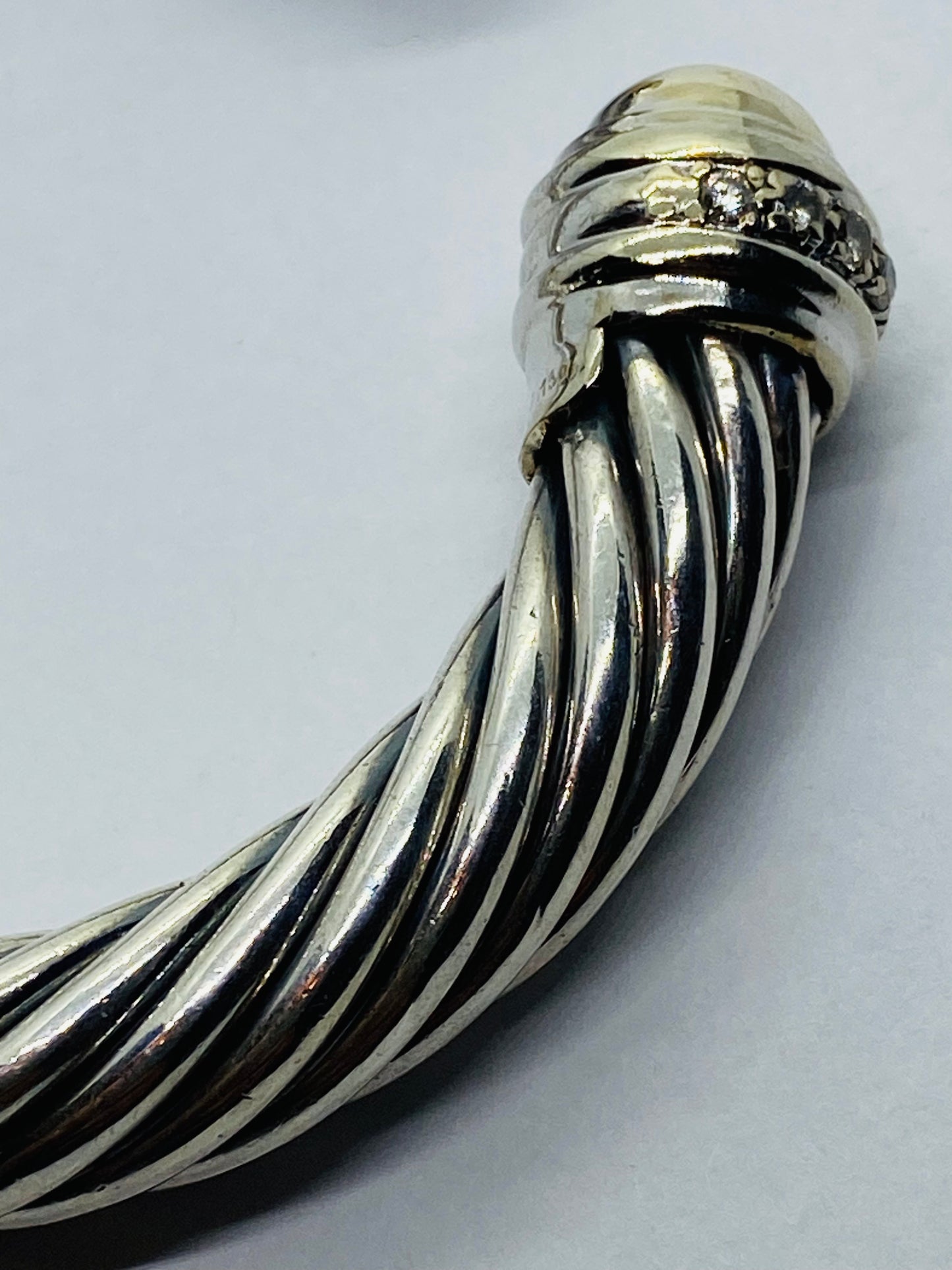 David Yurman Silver 18K 750 Yellow Gold Dome Hinge Diamond 9MM Cable Bracelet