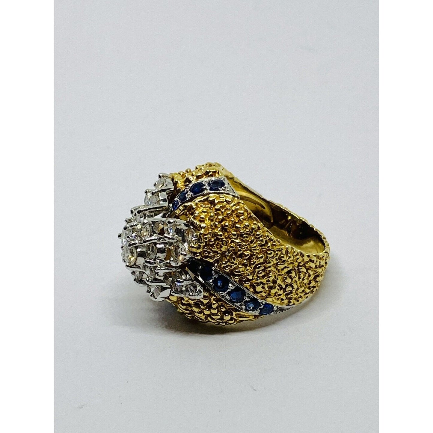 Heavy 18k Two Tone Gold 2.28TCW VS Diamond Sapphire Cluster Texture Dome Ring