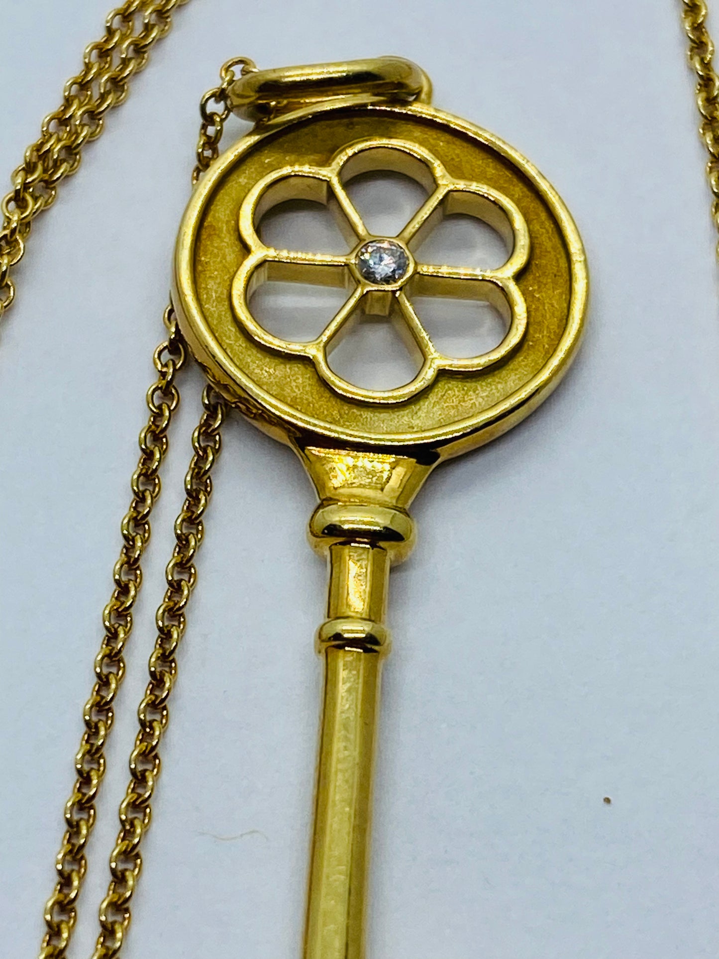 TIFFANY & CO 18K YELLOW GOLD DIAMOND KEY PENDANT WITH NECKLACE 18.5” LONG