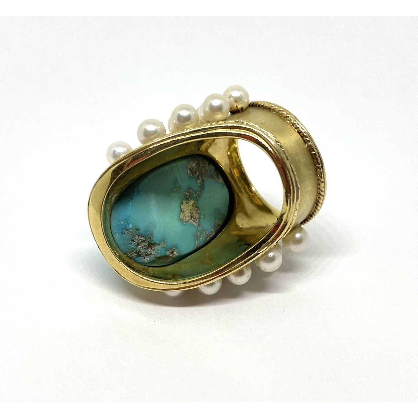 Huge 16CT Natural Turquoise Pearl 18K Gold Wide Shield Ring 30.3 Grams Gia Cert