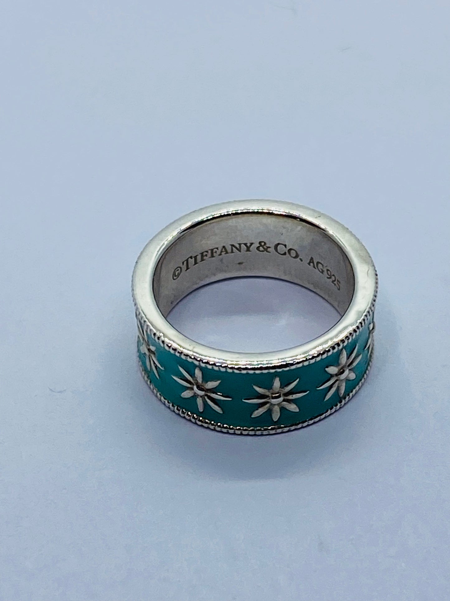 Tiffany & Co Silver MINT NEW RARE Blue Enamel Daisy Ring Size 4!